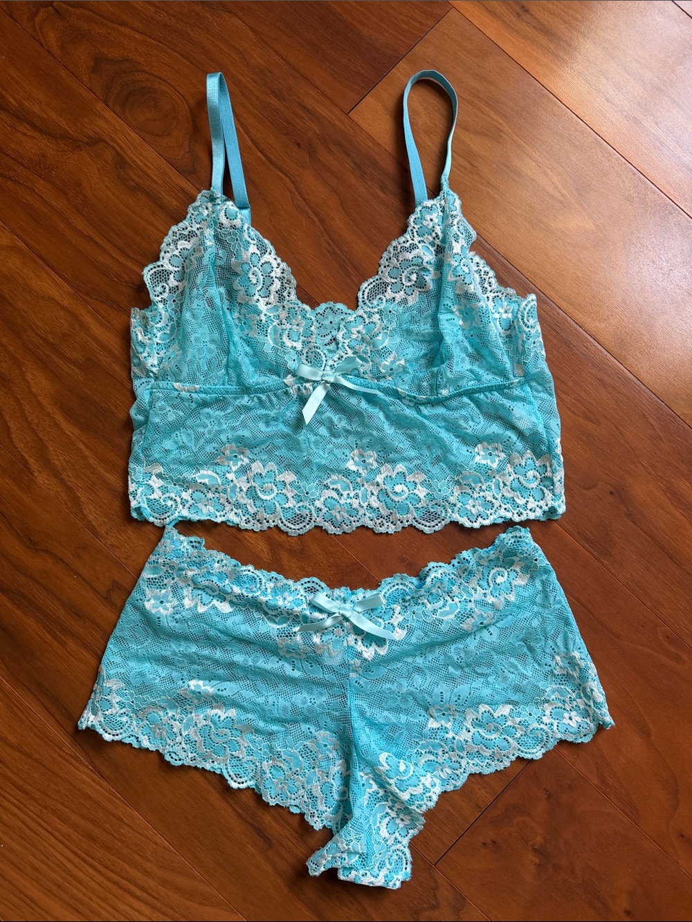 Lace Bralette & Short Set in Aqua